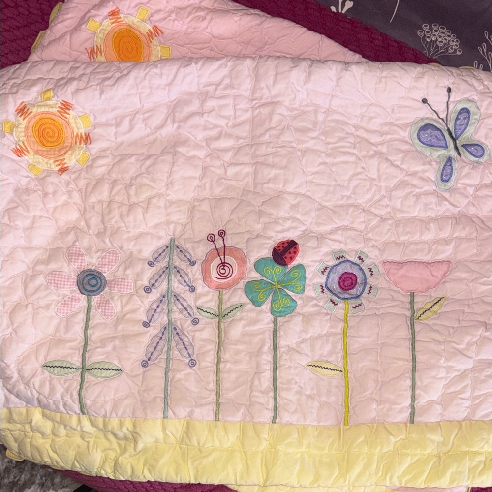 Land Of Nod Pink Quilted Floral & Butterfly Sham Yellow Trim